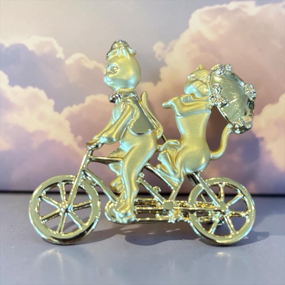 Whimsical Cat Tandem Bicycle Brooch Gold Tone Kitty Couple Vintage Figural Pin